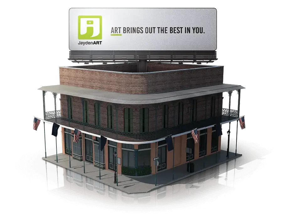 Illustration of the JaydenART® headquarters building with a rooftop billboard reading ART brings out the best in you.