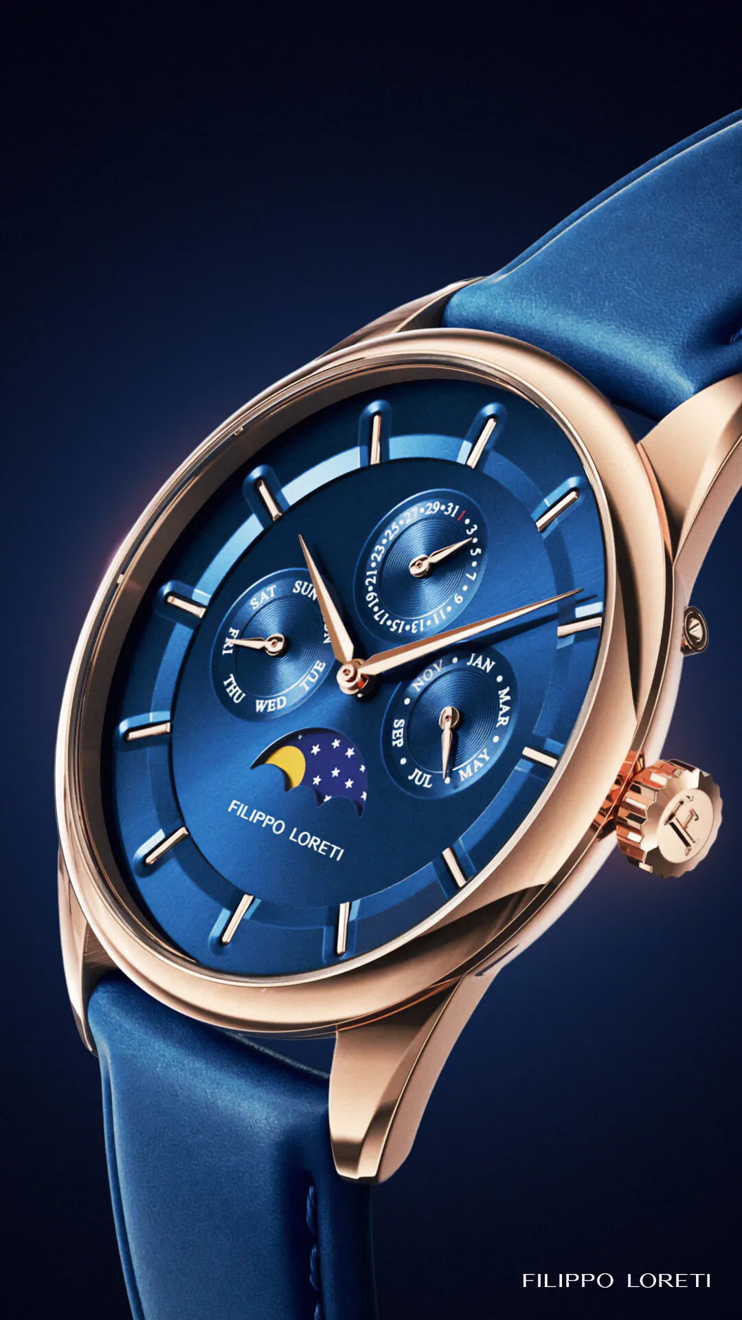 Filippo Loreti: Venice Moonphase Rose Gold Blue, Preview, graphic design
