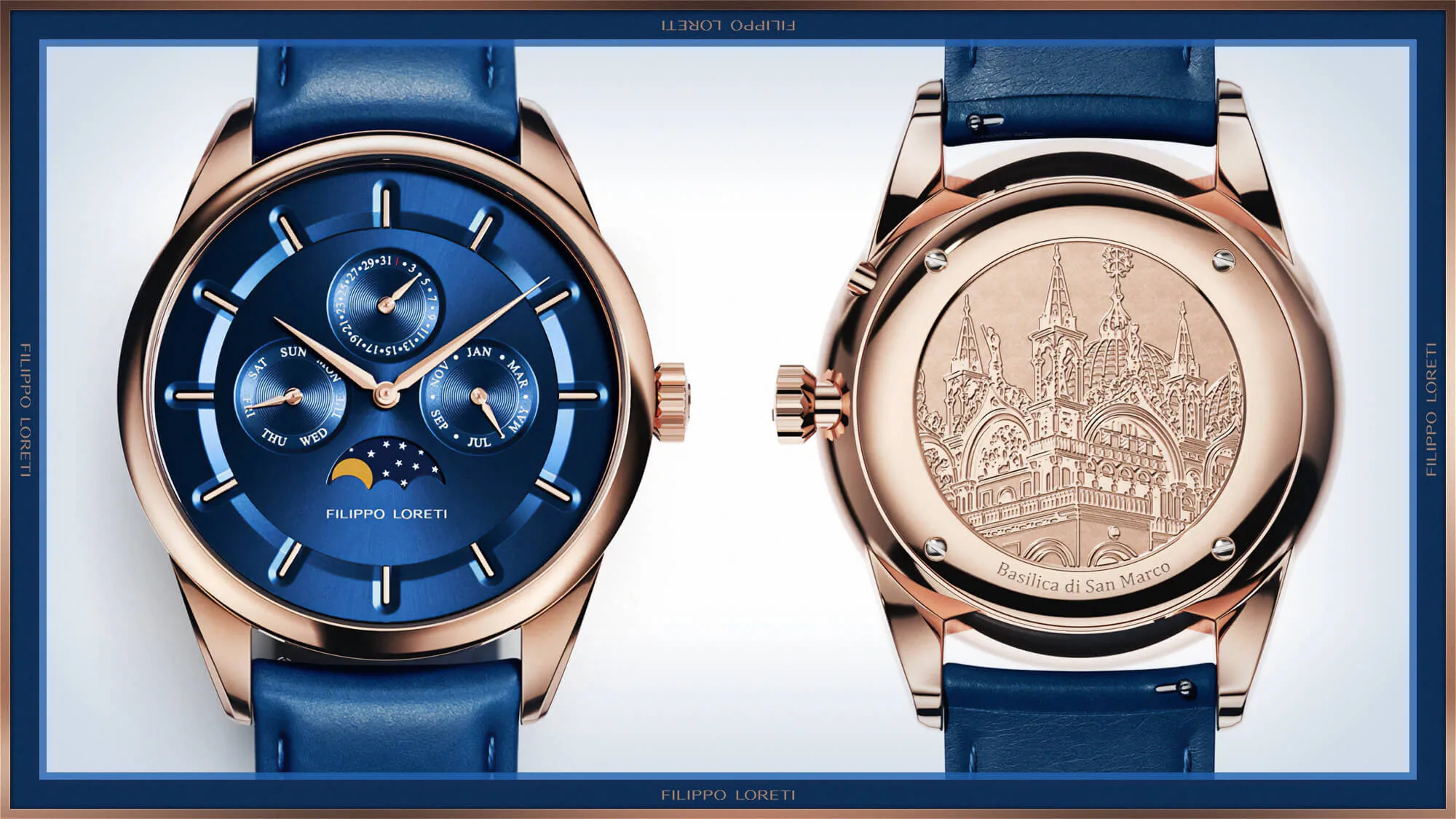 Filippo Loreti: Venice Moonphase Rose Gold Blue, Watch Design, graphic design